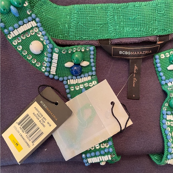 NWT BCBG Max Azaria Navy Blue Green Knit Beaded Tunic Dress Size Small - Picture 5 of 5